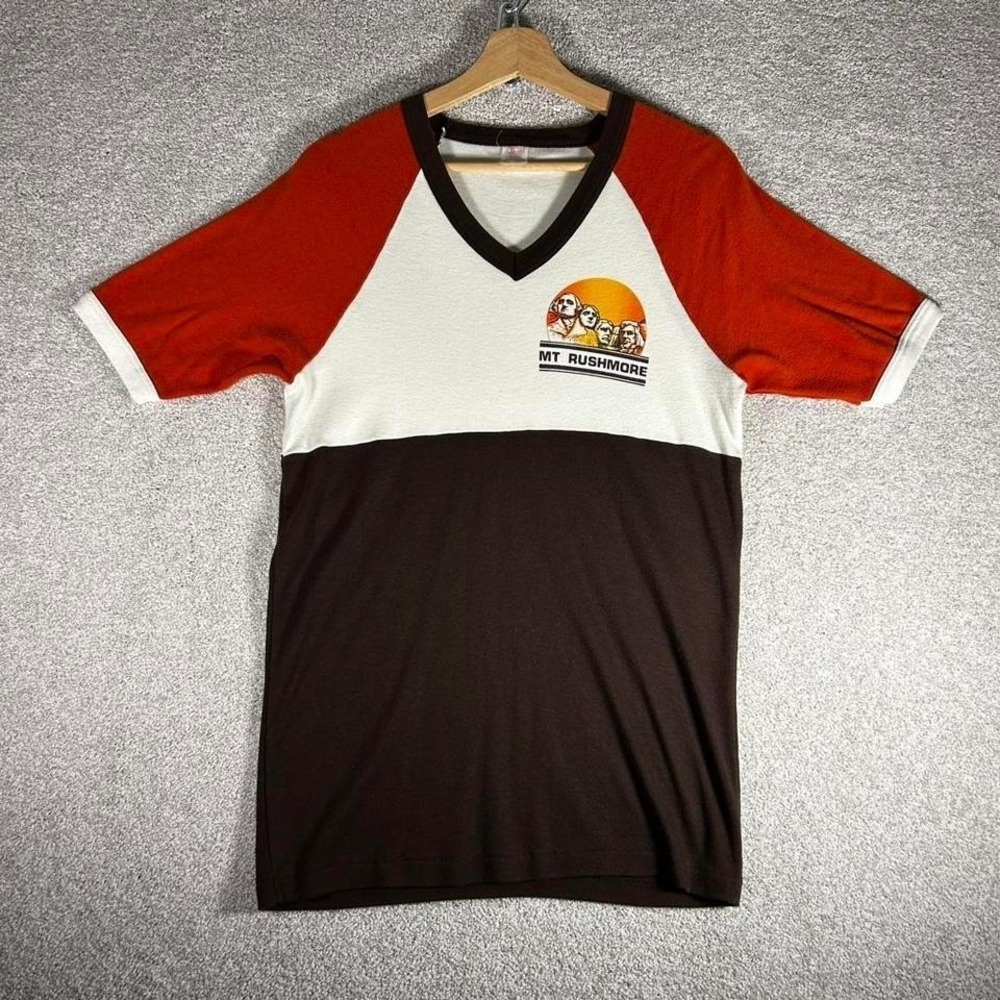 True vintage 70s Mt Rushmore white brown and orange v neck ringer tshirt XL